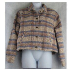 And Now This Women's Cropped Eyelash Shirt Jacket Shacket, Beige Blue Plaid, XL